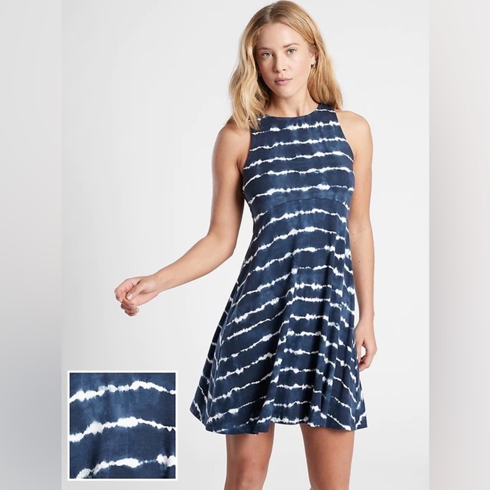 Athleta Santorini Thera Navy Blue Tie Dye Dress Large Sleeveless